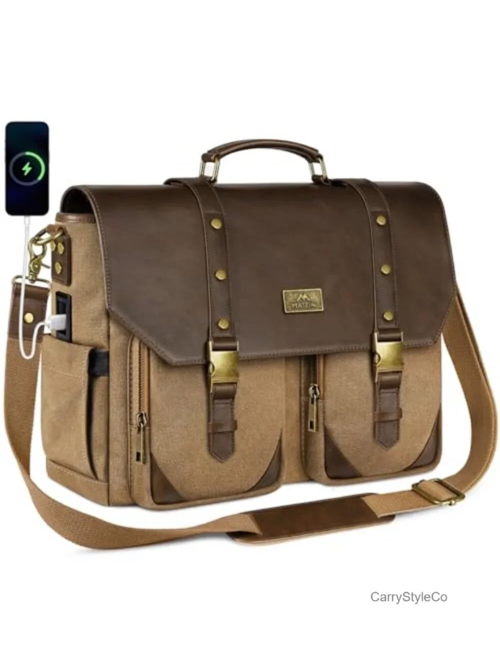 Vintage Canvas Messenger Bag with USB Charging Port - 15.6